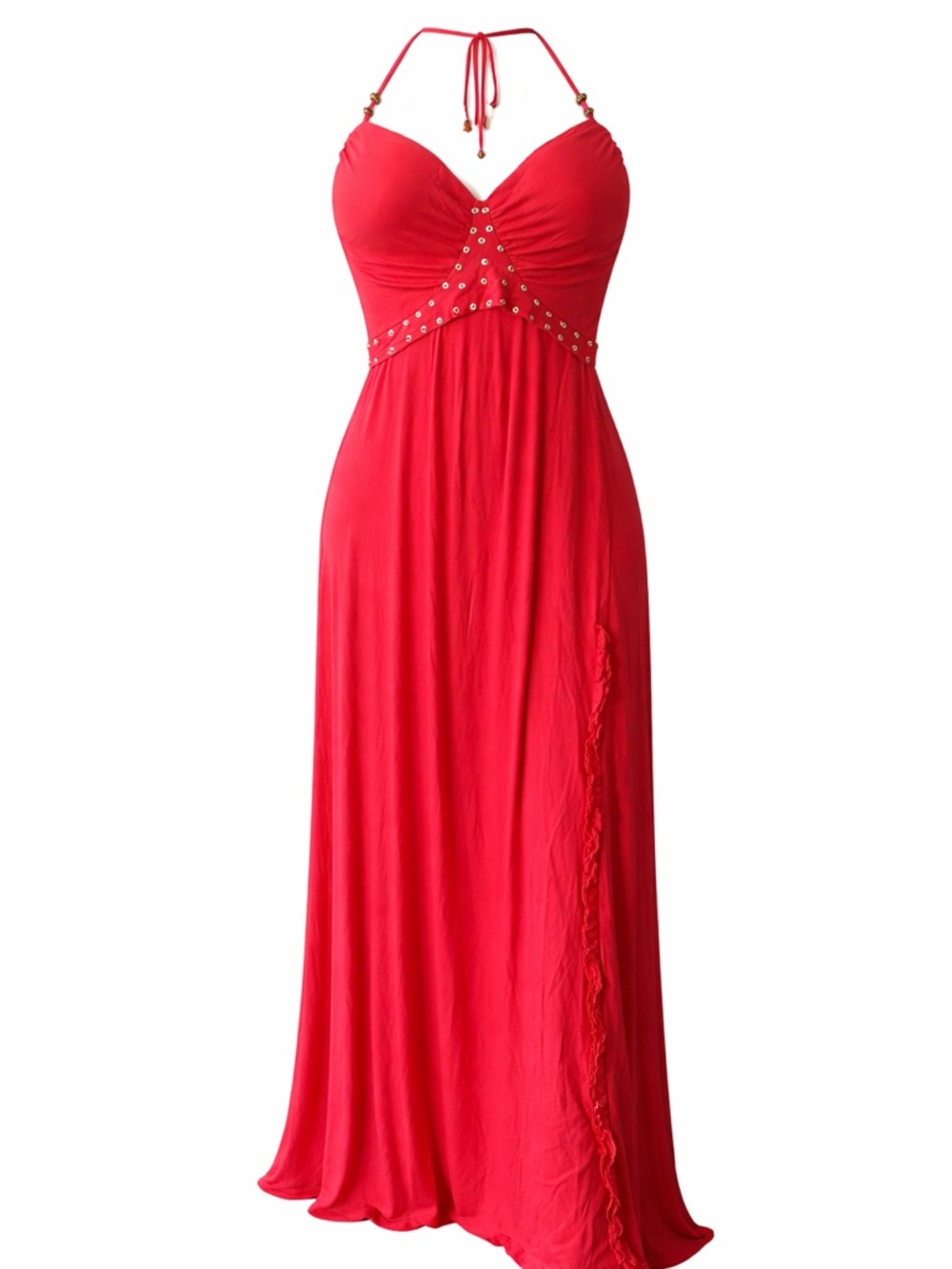 Pink Halter Maxi Dress with Metallic Details – Empire Waist and Fluid Drape